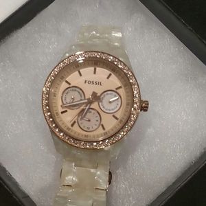 Fossil Pearl Acetate Band, CZ Bezel, Rosegold tone